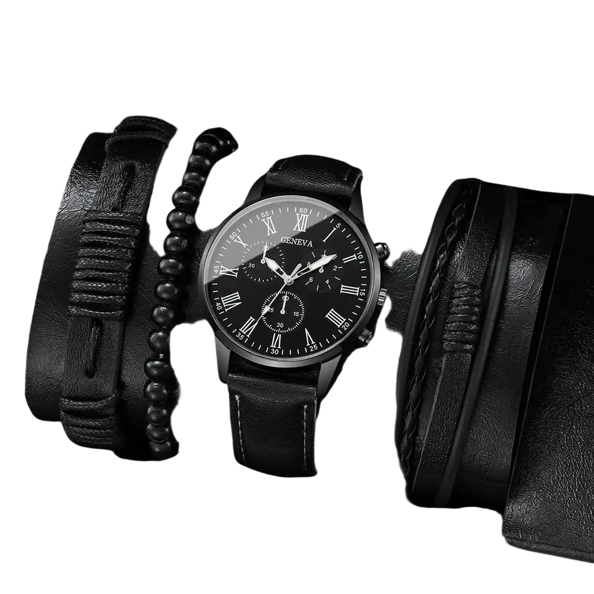 Geneva men black leather quartz dress watch featuring a black dial chronograph with roman numerals
