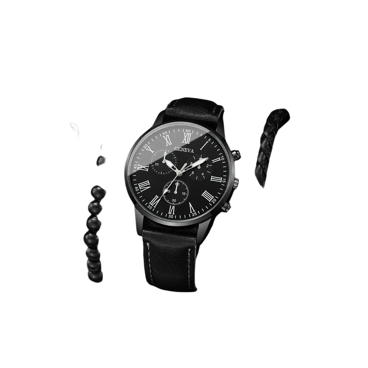Geneva men black leather quartz dress watch with silver-tone case and roman numeral chronograph dial