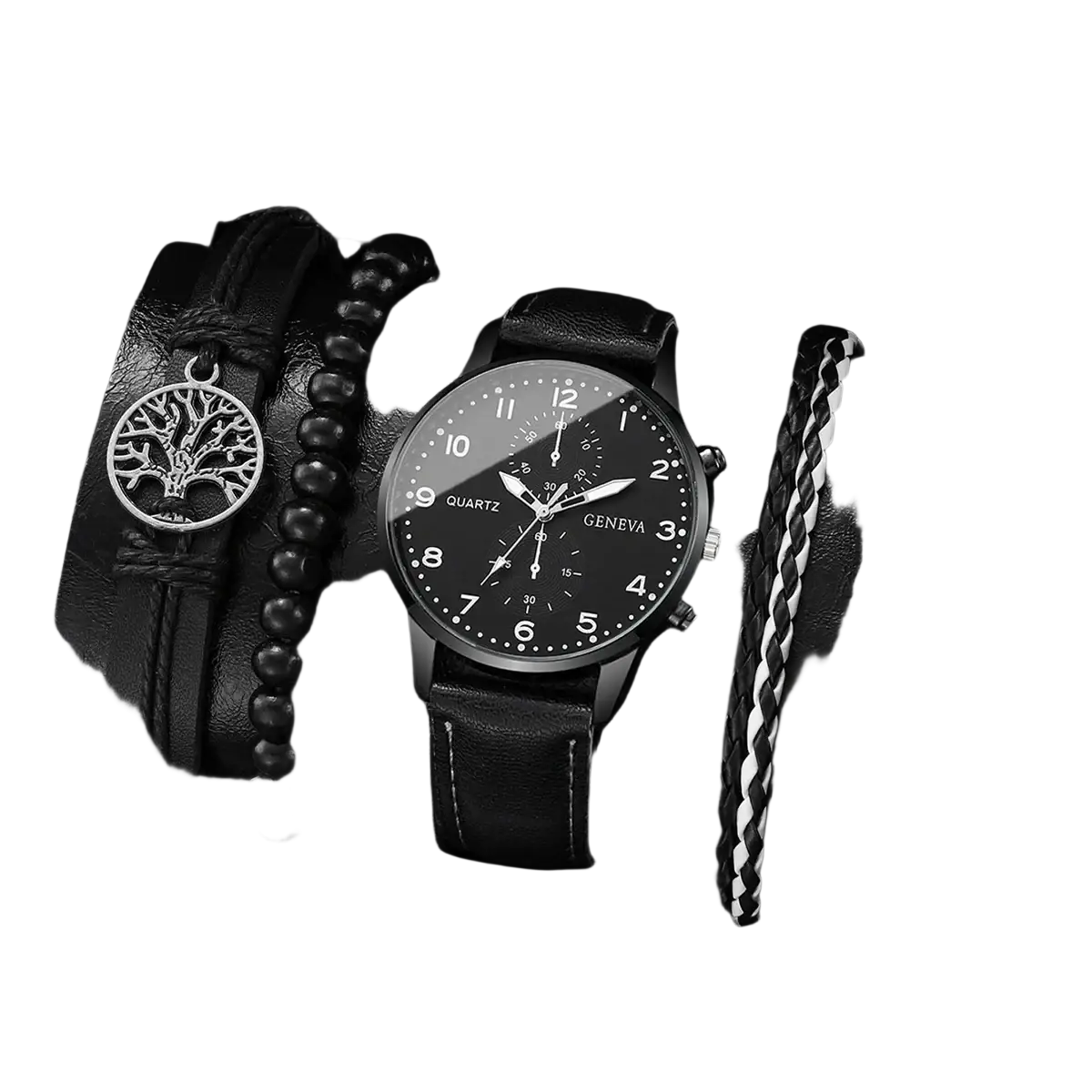 Geneva men black leather quartz dress watch with black dial silver hands and markers and Geneva branding on face