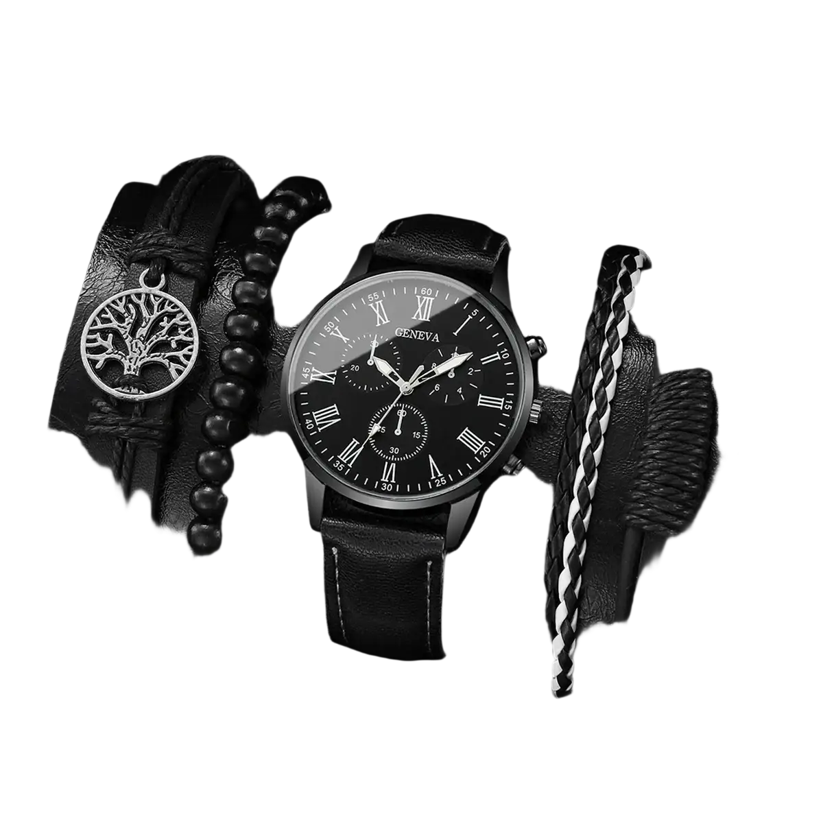 Geneva men black leather quartz dress watch with silver dial chronograph and roman numerals on the face