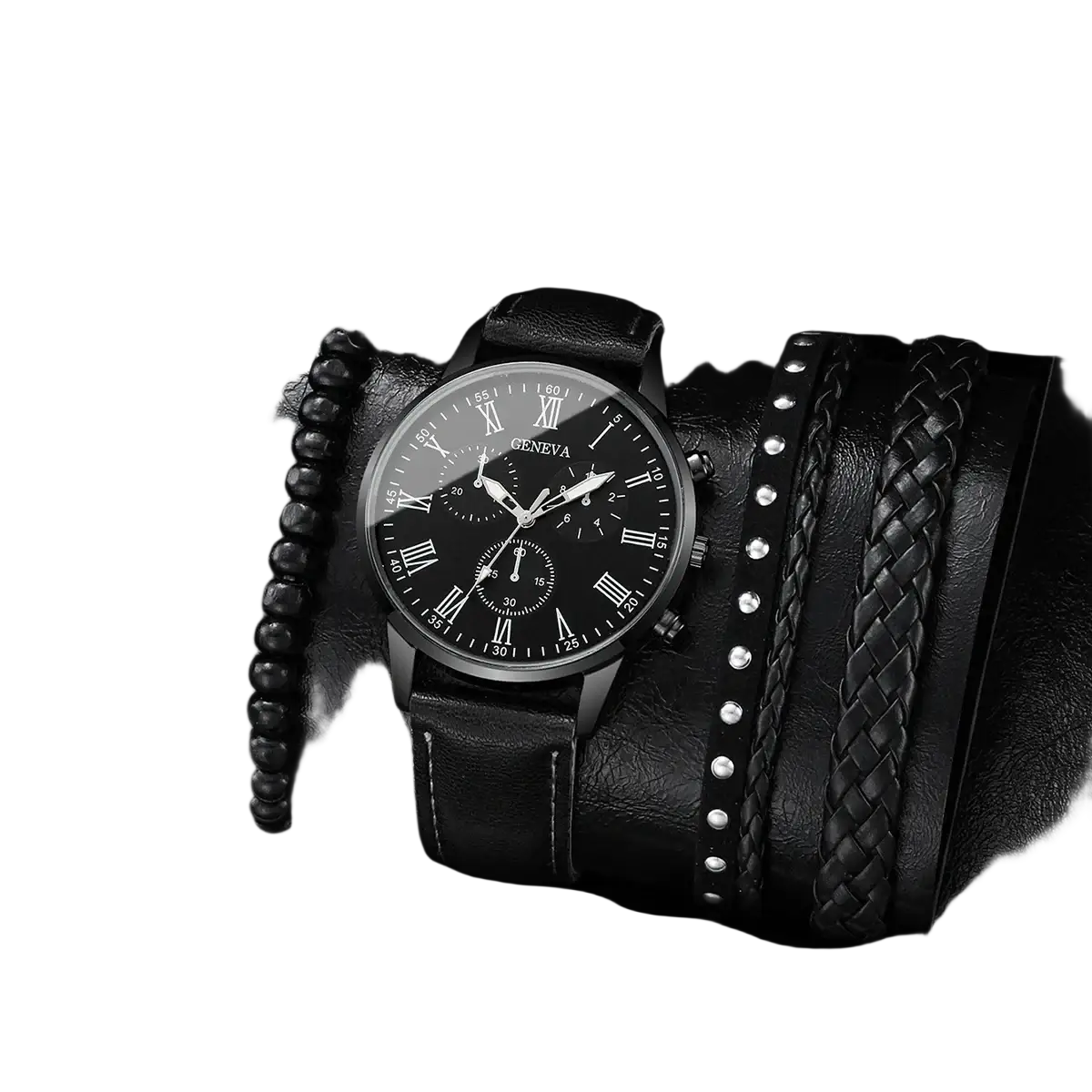 Geneva men black leather quartz dress watch with black dial roman numerals silver hands and matching black wristbands