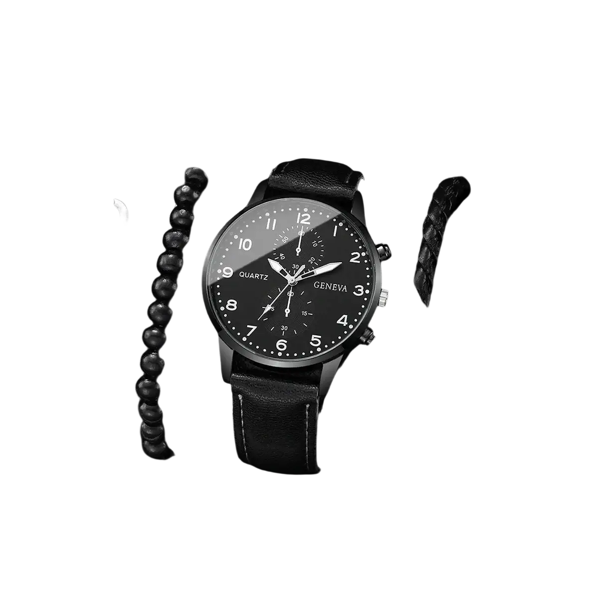 Geneva men black leather quartz dress watch with black dial silver-tone hands markers and Geneva branding on face