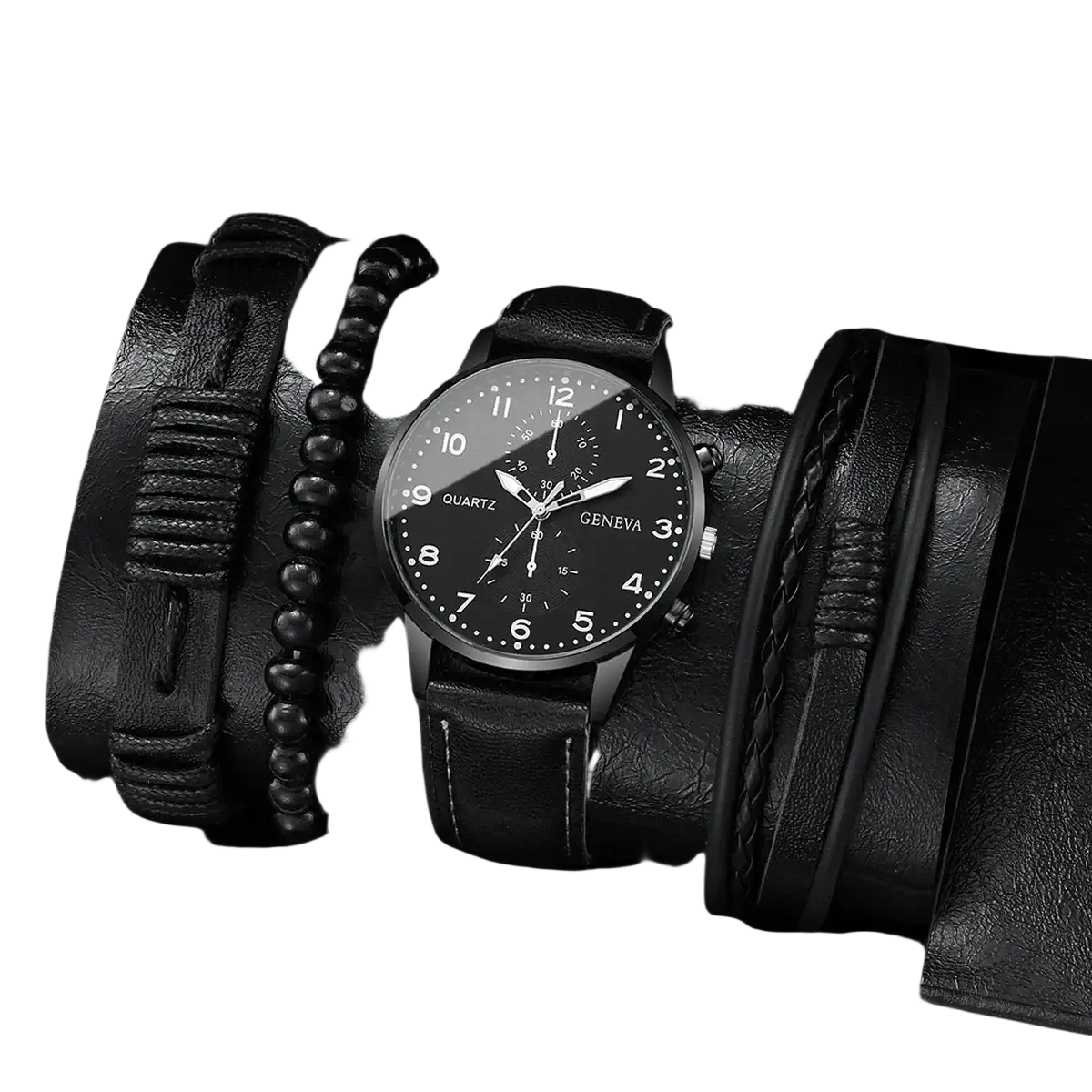 Geneva men black leather quartz dress watch with a black dial silver-tone hands and markers and leather strap