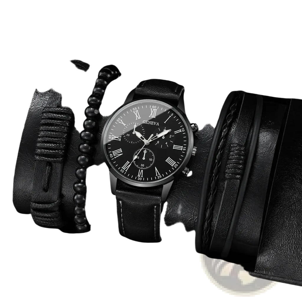 Geneva men black leather quartz dress watch with black dial roman numerals and chronograph features
