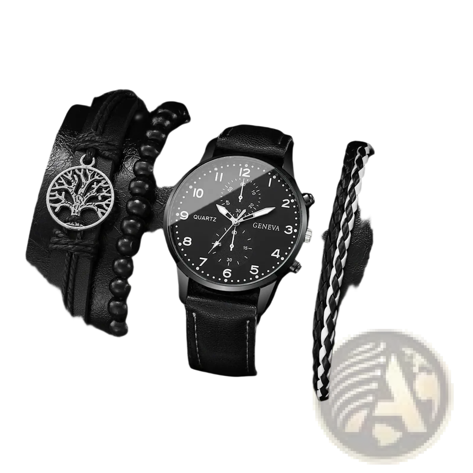 Geneva men black leather quartz dress watch with black dial silver-tone hands markers and Geneva branding on face