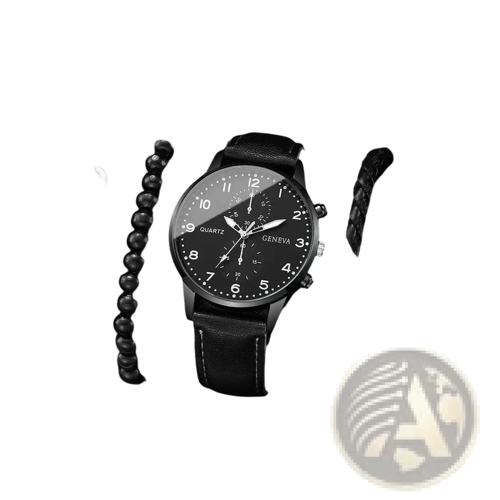 Geneva men black leather quartz dress watch with black dial silver-tone hands markers and Geneva branding on face