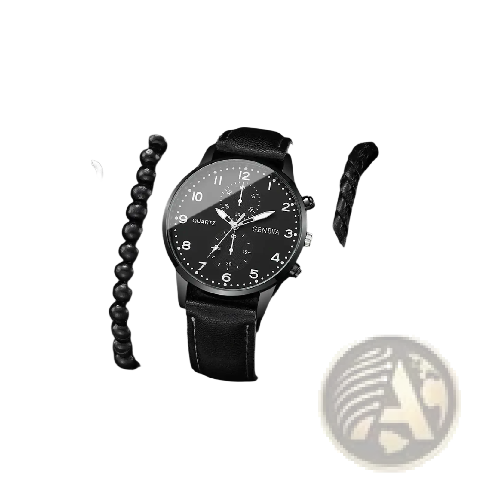 Geneva men black leather quartz dress watch with black dial silver-tone hands markers and Geneva branding on face