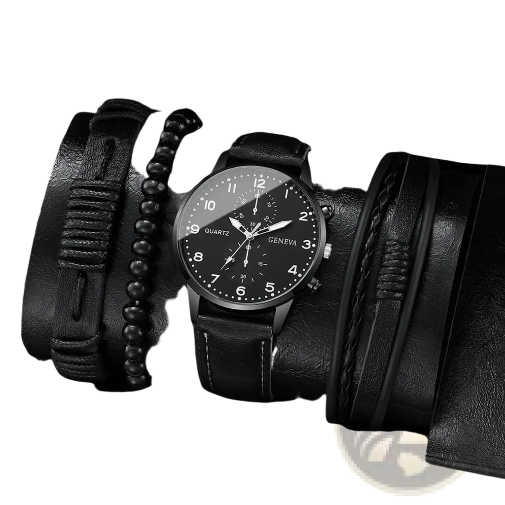 Geneva men black leather quartz dress watch with a black dial silver-tone hands and markers and leather strap