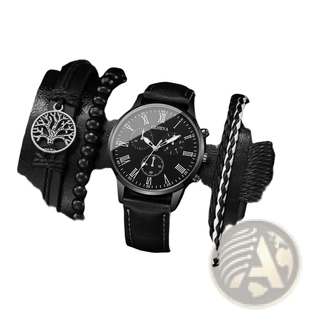 Geneva men black leather quartz dress watch with silver dial and roman numerals on a black leather strap