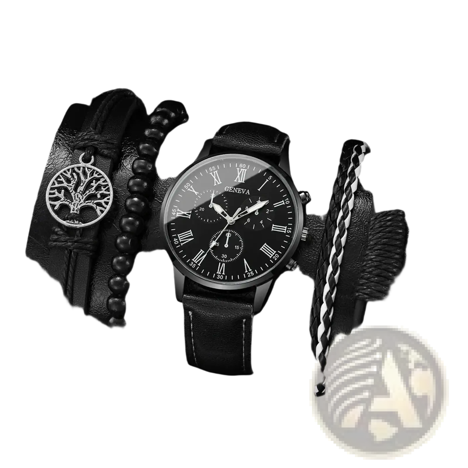 Geneva men black leather quartz dress watch with silver dial and roman numerals on a black leather strap
