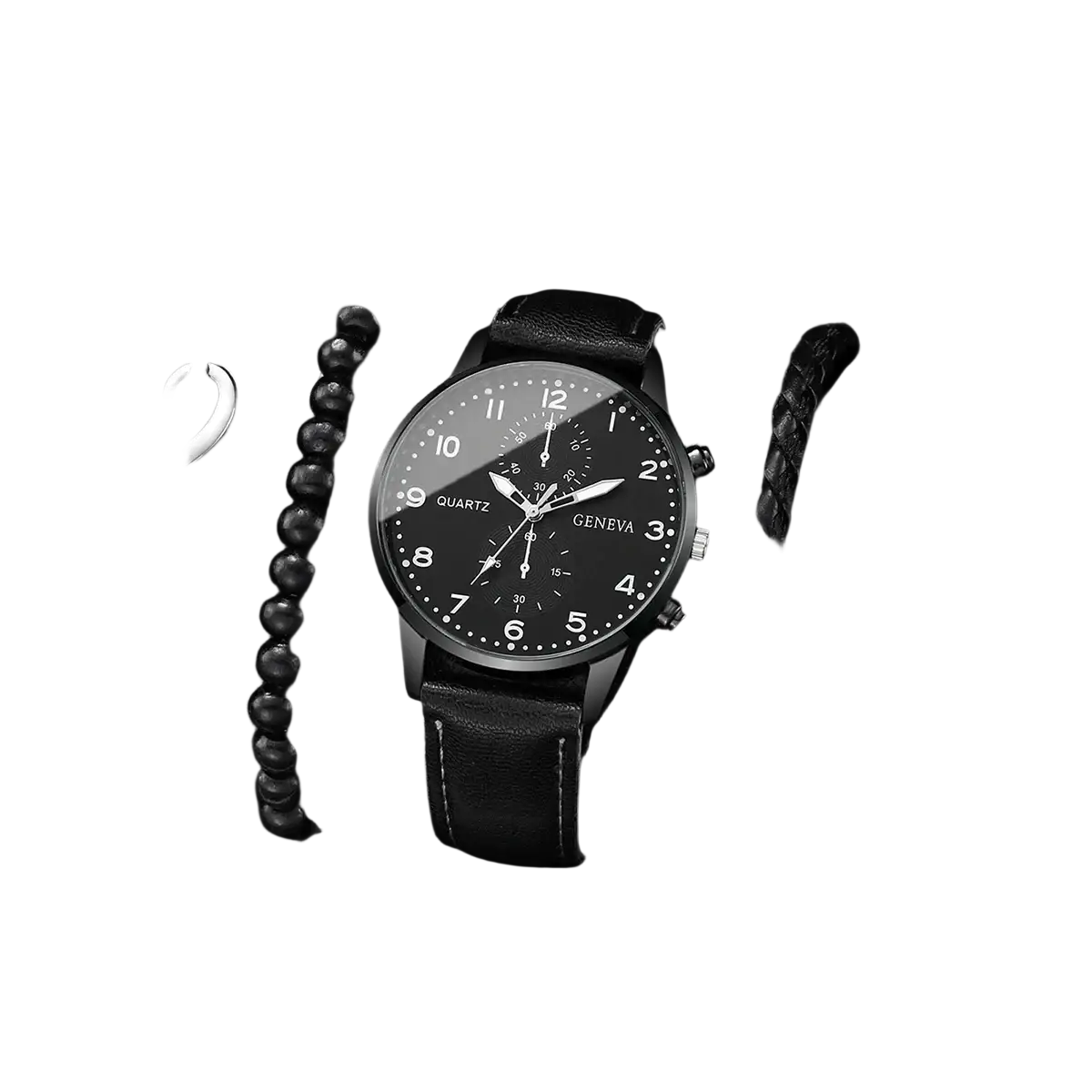 Geneva men black leather quartz dress watch with black dial silver-tone hands markers and geneva branding on face
