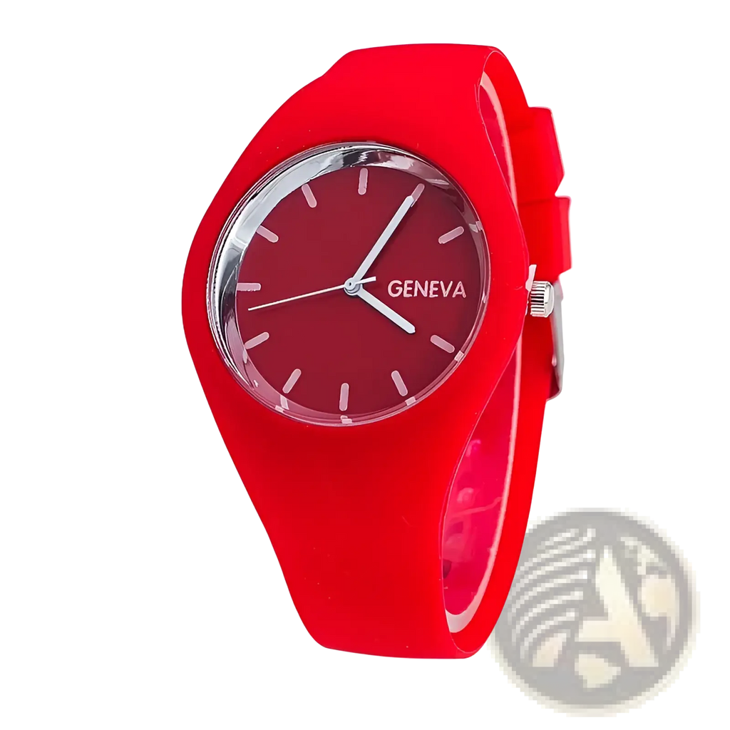 Geneva silicone quartz women watch with a red silicone band red face and silver hands displaying the Geneva brand name