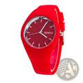 Geneva silicone quartz women watch with a red silicone band red face and silver hands displaying the Geneva brand name