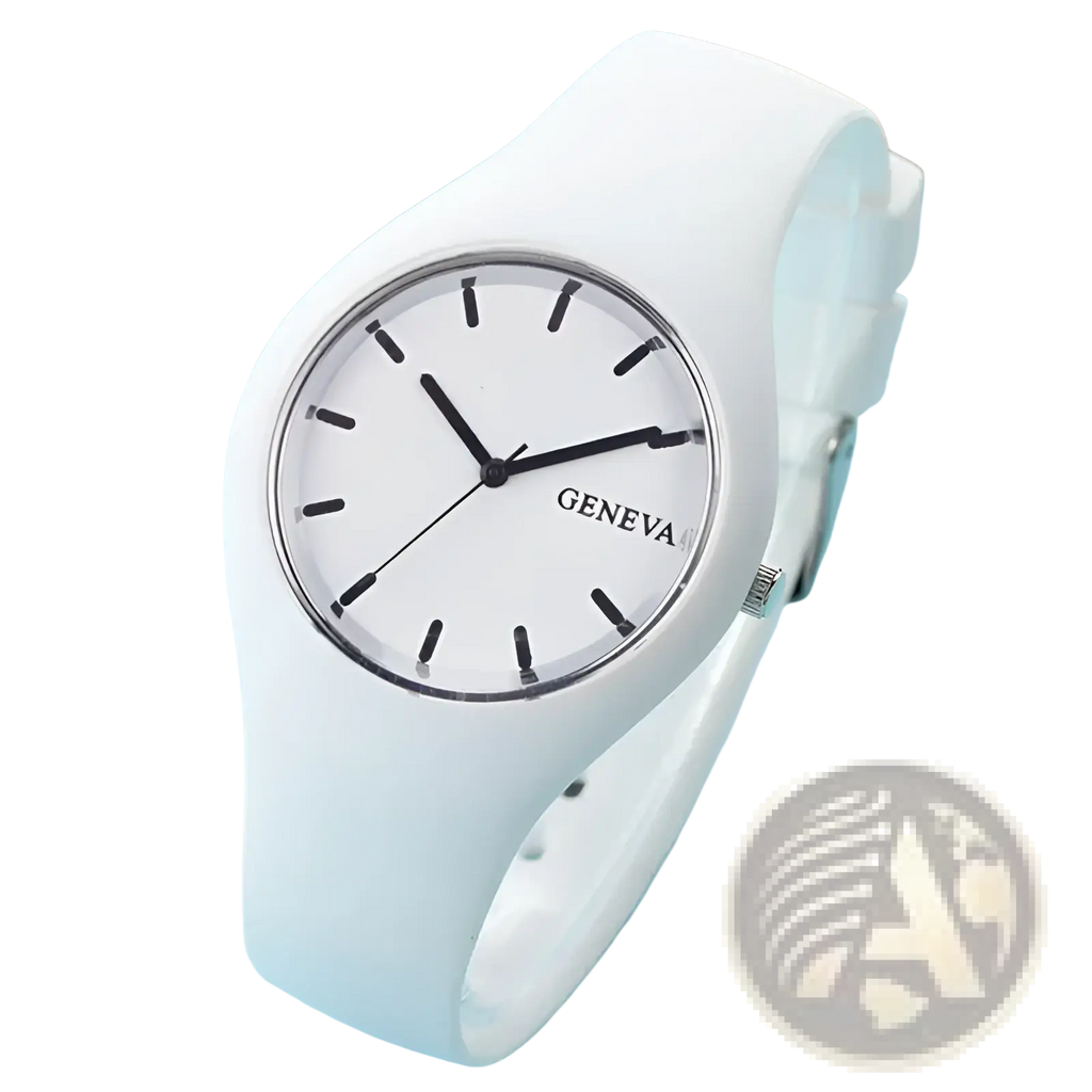 Geneva silicone quartz women watch with a white minimalist dial featuring black hour markers and hands