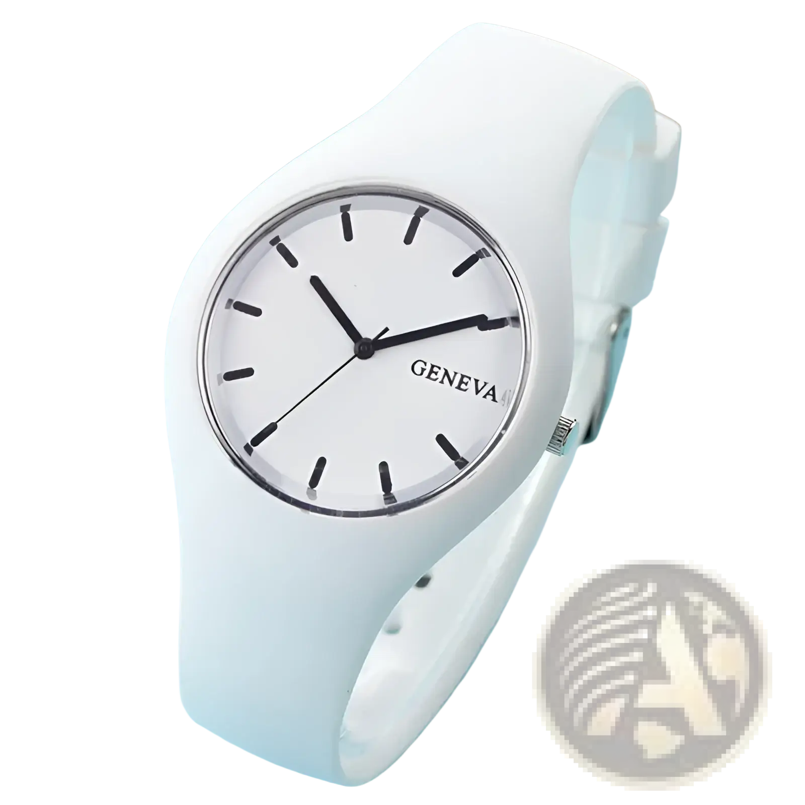 Geneva silicone quartz women watch with a white minimalist dial featuring black hour markers and hands