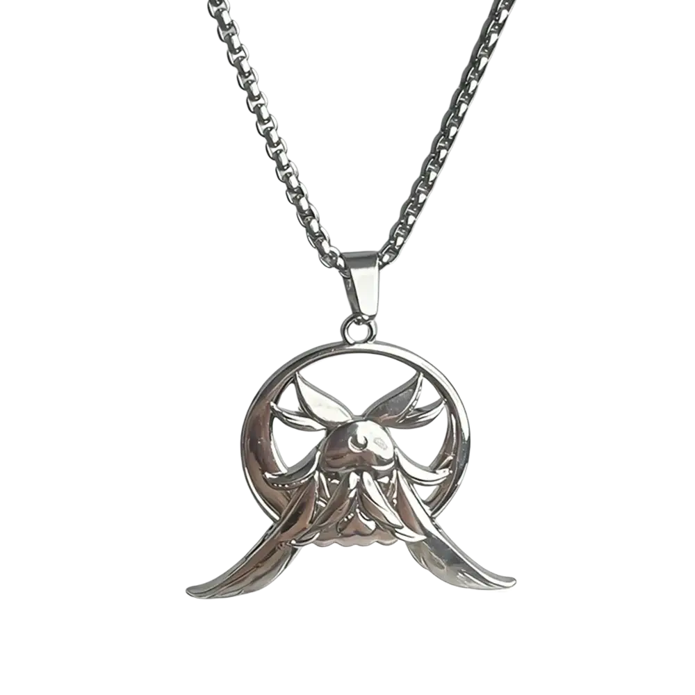 Silver moth pendant necklace with intricate wing details in a circular frame for genshin impact columbina cosplay