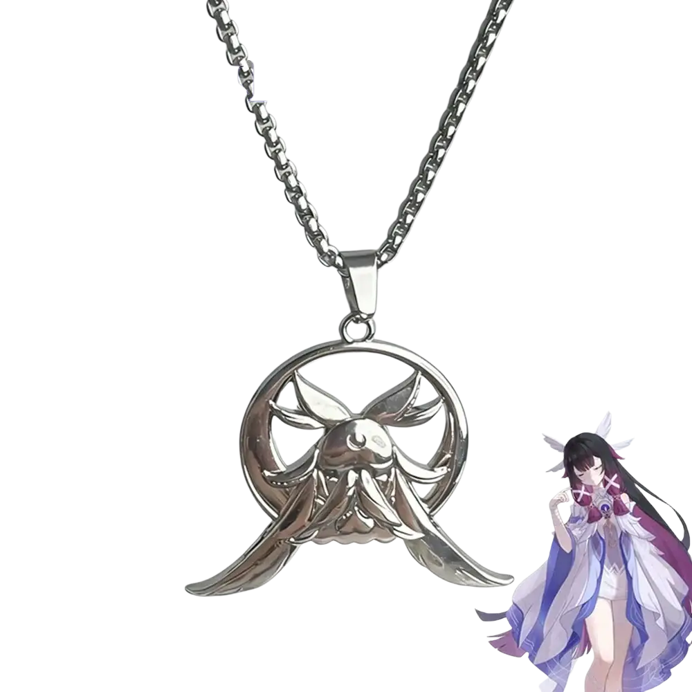 Silver pendant necklace with detailed circular winged design and intricate central figure for genshin impact cosplay