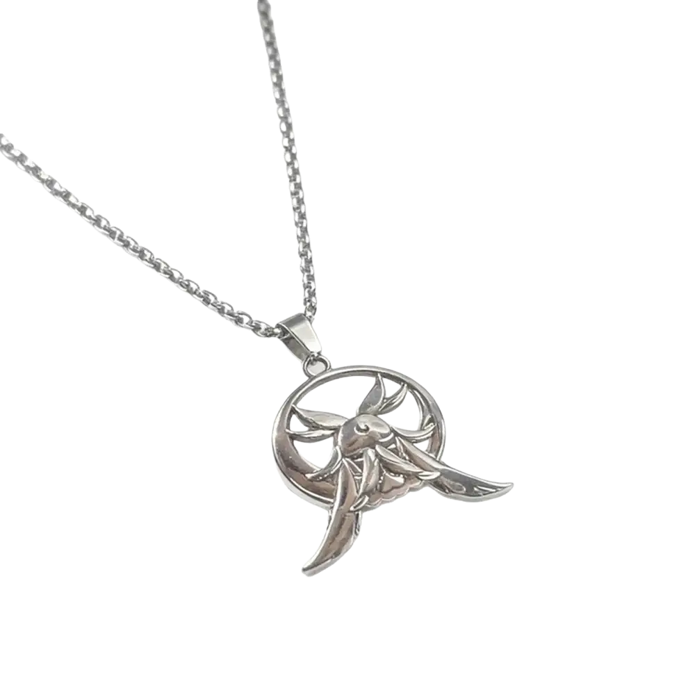 Silver-toned genshin impact columbina cosplay necklace featuring a detailed circular pendant with intricate winged creature motif
