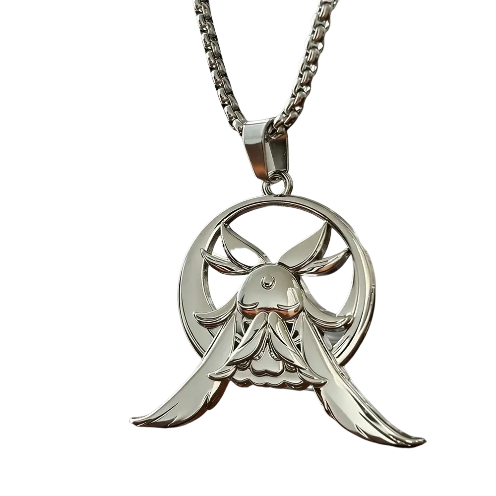 Genshin impact columbina cosplay silver necklace featuring a silver-toned pendant with detailed angelic figure and flowing wings