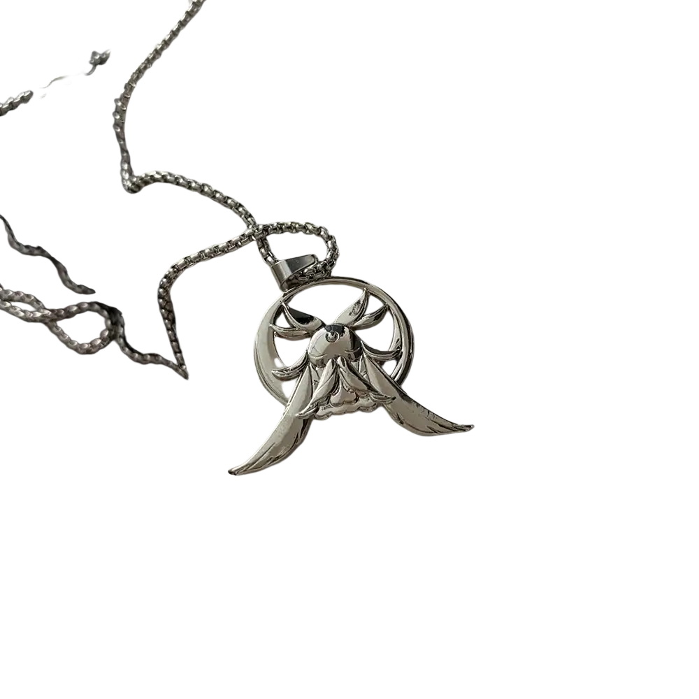 Genshin impact columbina cosplay silver necklace with a detailed silver-toned angelic pendant and flowing wings design