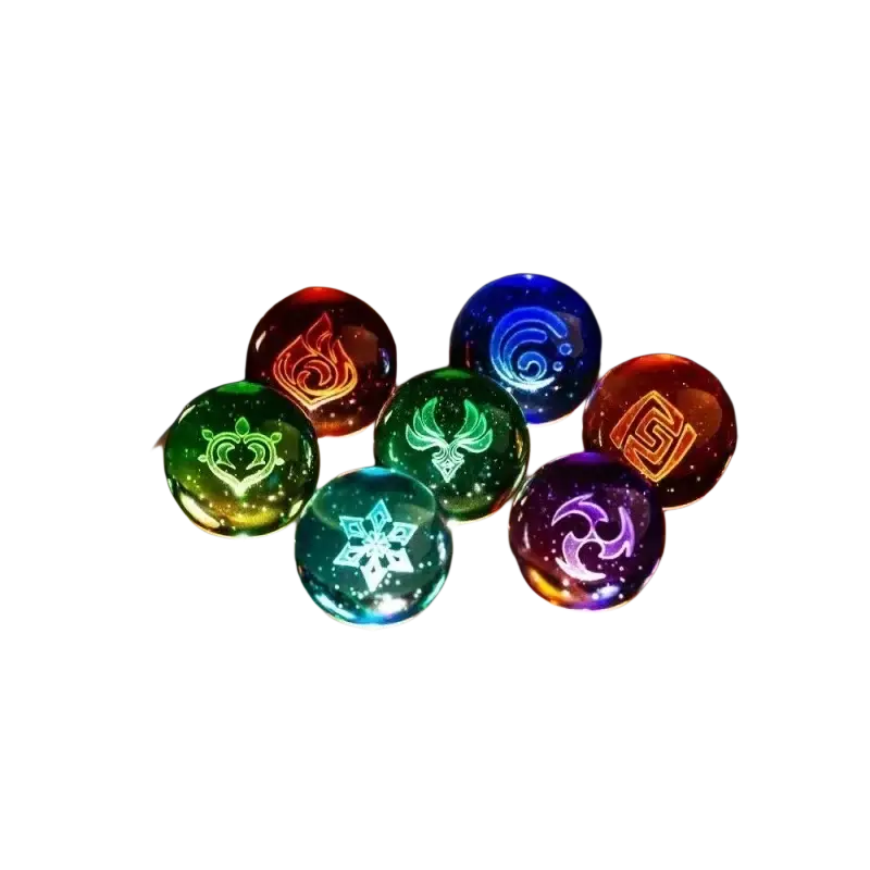 Seven glowing translucent glass orbs with elemental symbols on a wooden base as genshin impact finished goods