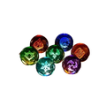 Seven glowing translucent glass orbs with elemental symbols on a wooden base as genshin impact finished goods