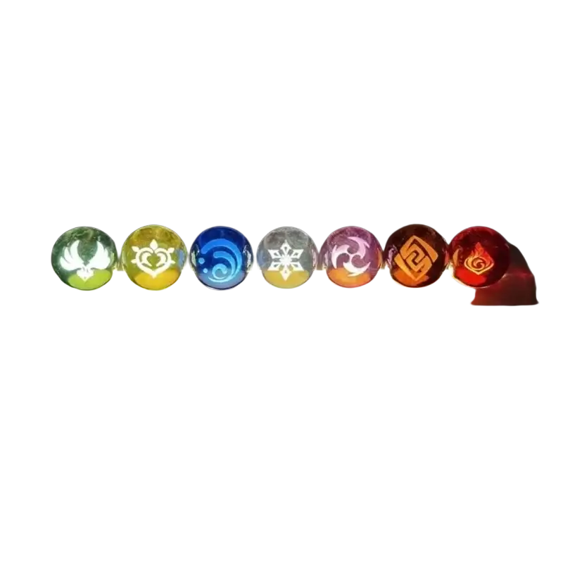 A sleek rectangular led light base holding six glowing glass orbs with elemental symbols genshin impact finished goods