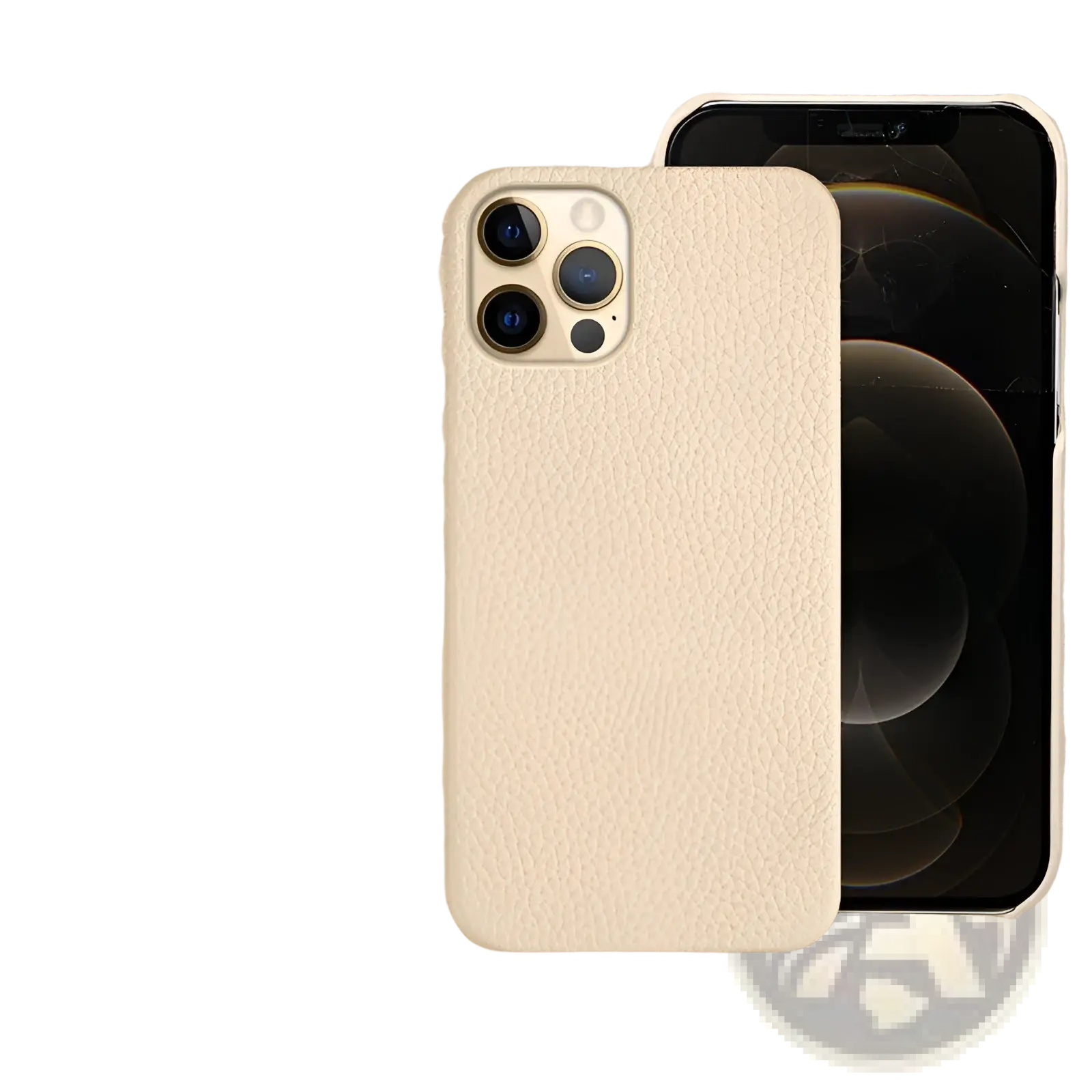 Cream-colored textured genuine leather anti drop phone case for iphone 12 pro shown from the back side