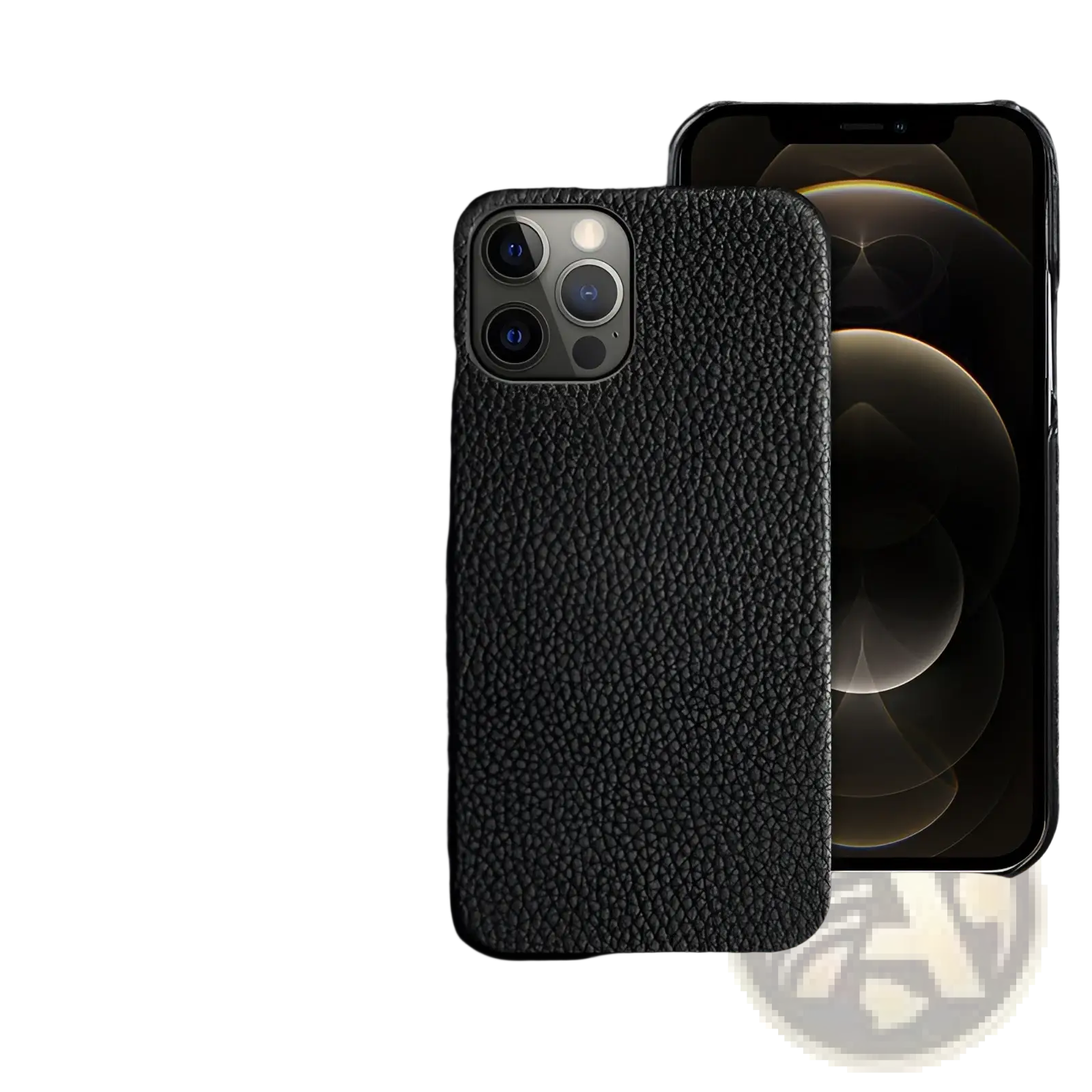 Black textured genuine leather anti drop phone case for iphone 12 pro shown from the back side