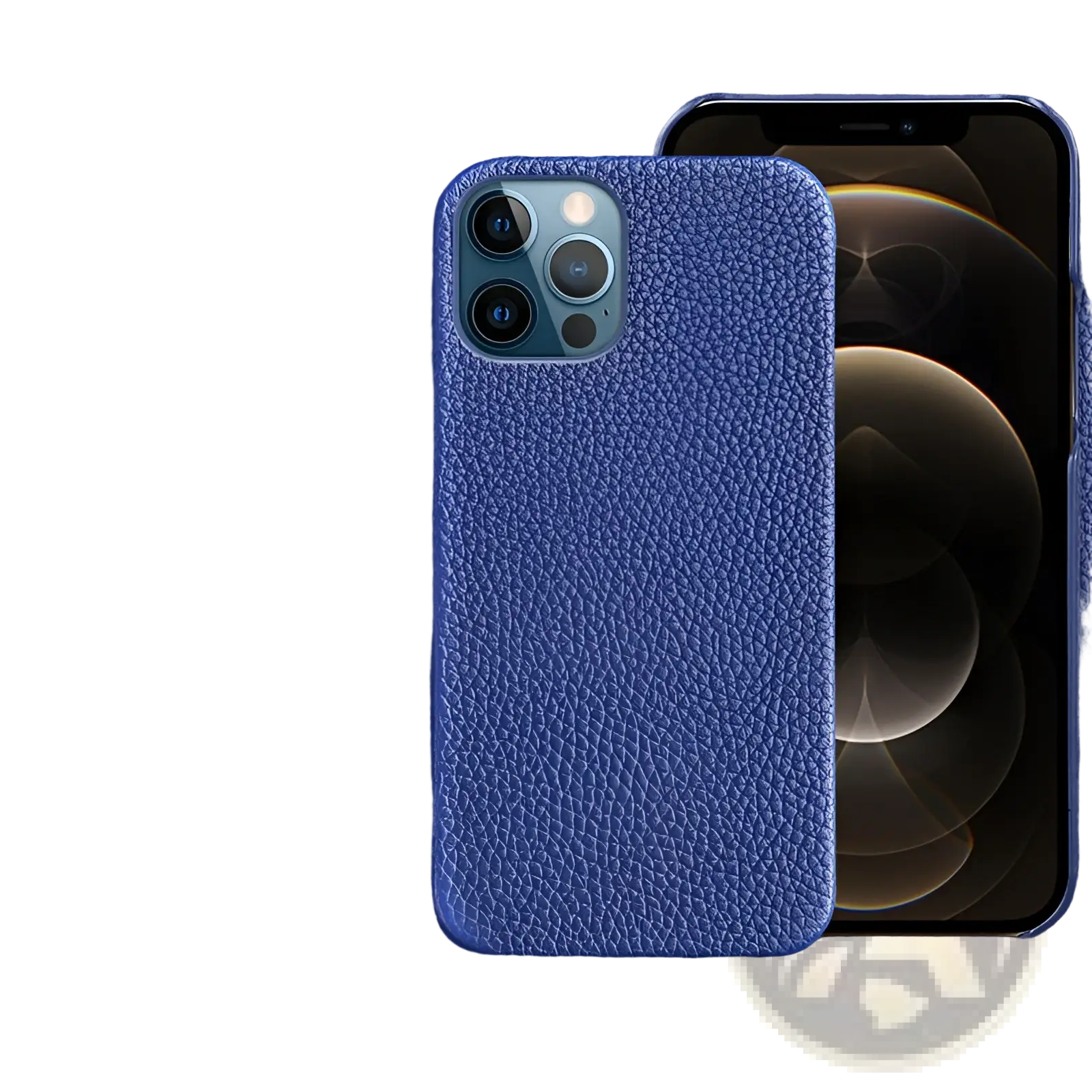 Deep blue textured genuine leather anti drop iphone case for 12 pro shown from the back side