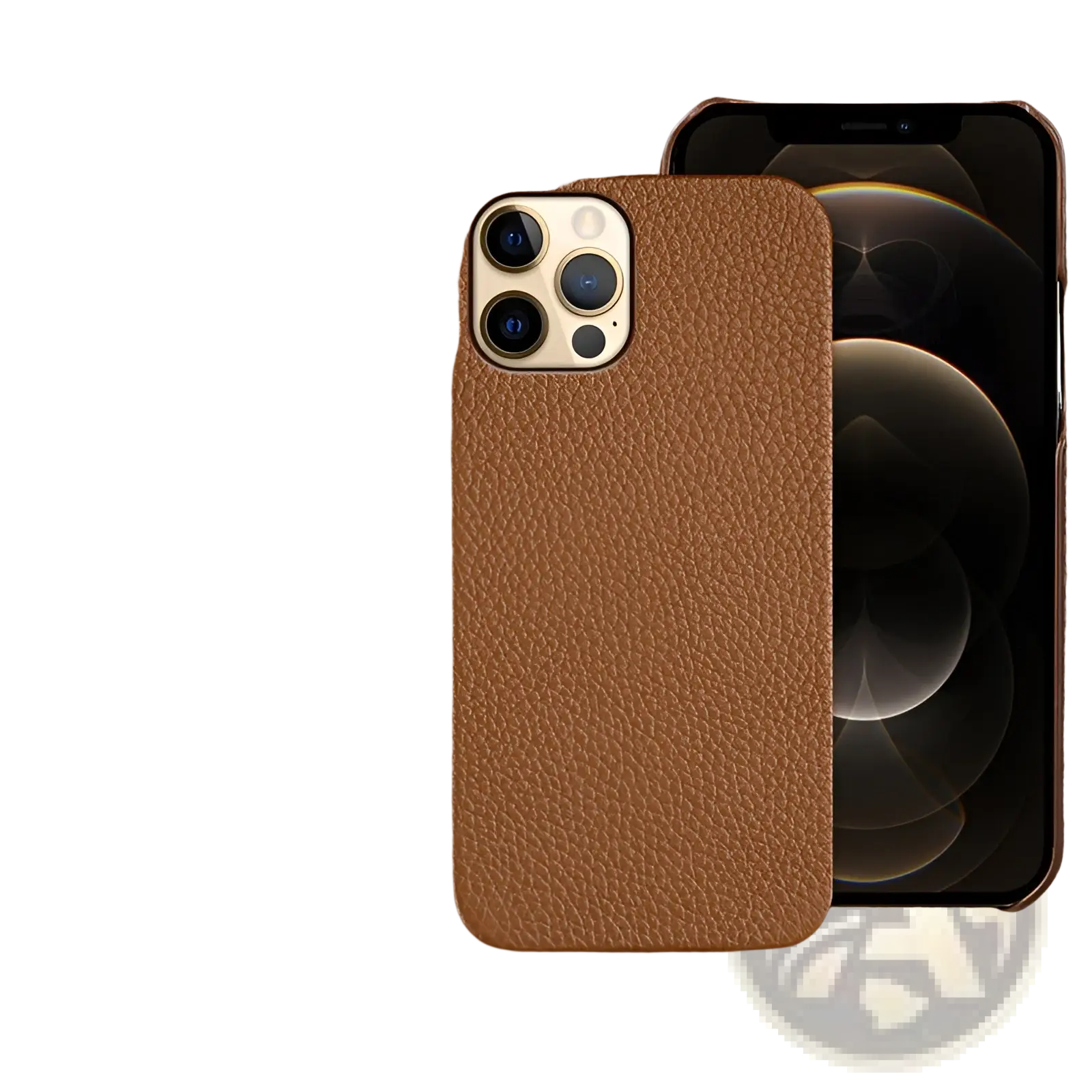 Back of a brown genuine leather anti drop iphone case with textured finish and precise camera cutout for models 12 13 14