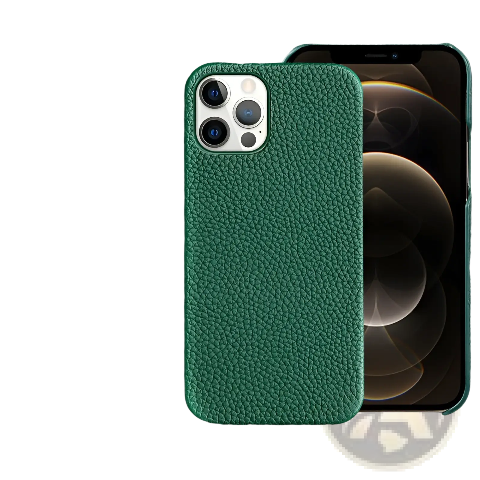 Deep green textured genuine leather anti drop iphone case for iphone 12 pro shown from the back side