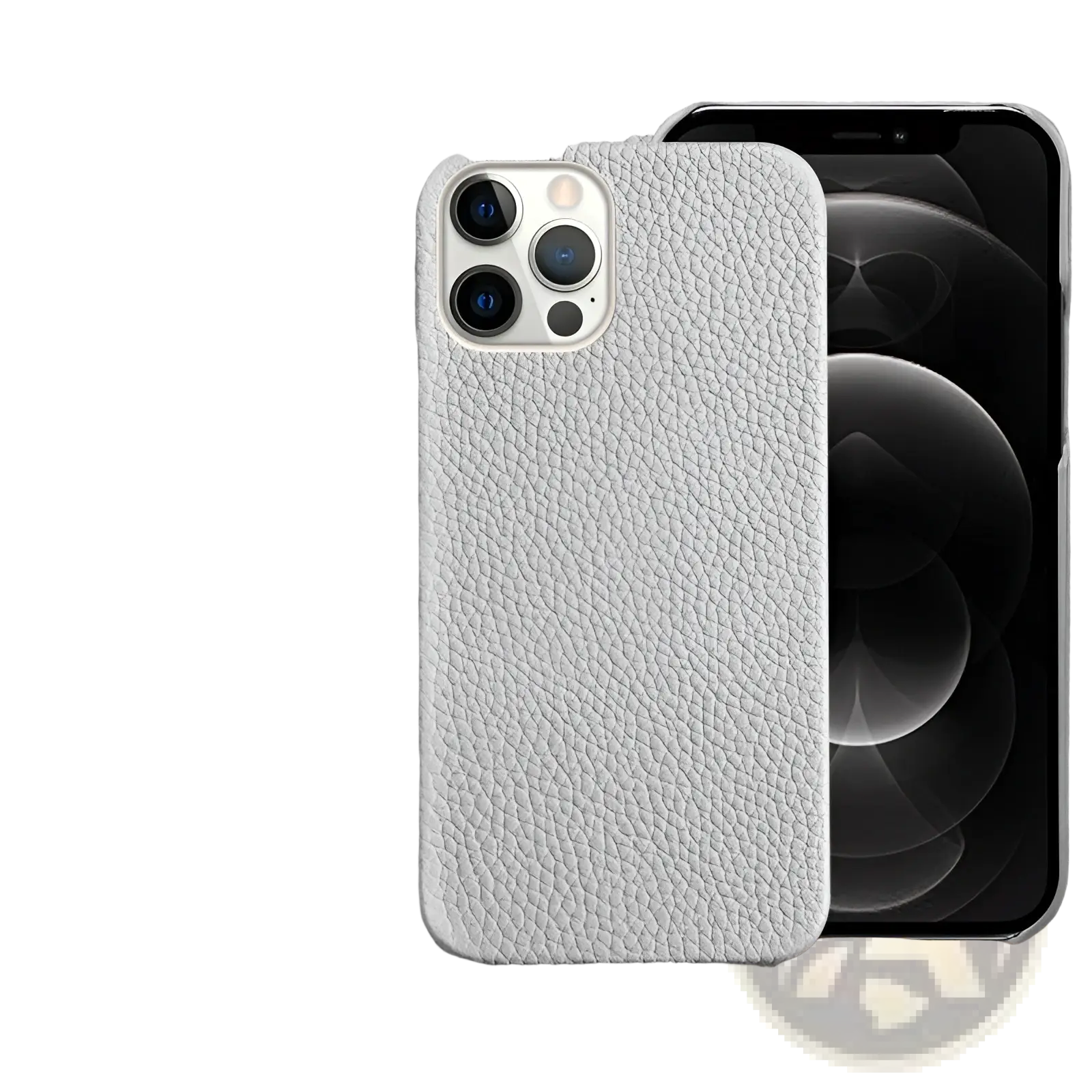 Back side of a light gray genuine leather anti drop iphone case for iphone 12 pro featuring textured design