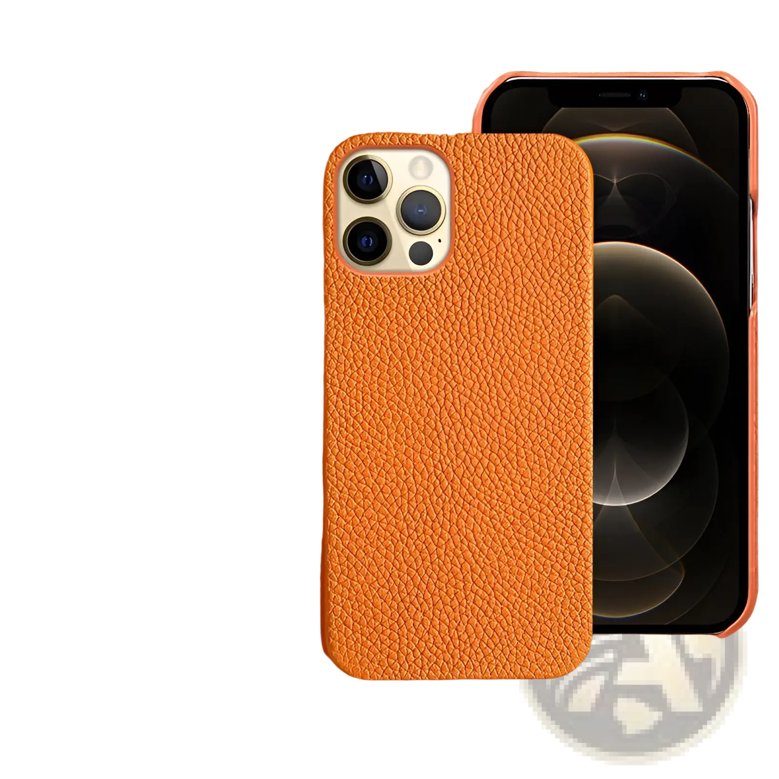 Orange textured leather anti drop iphone case for 12 pro max shown from the back side