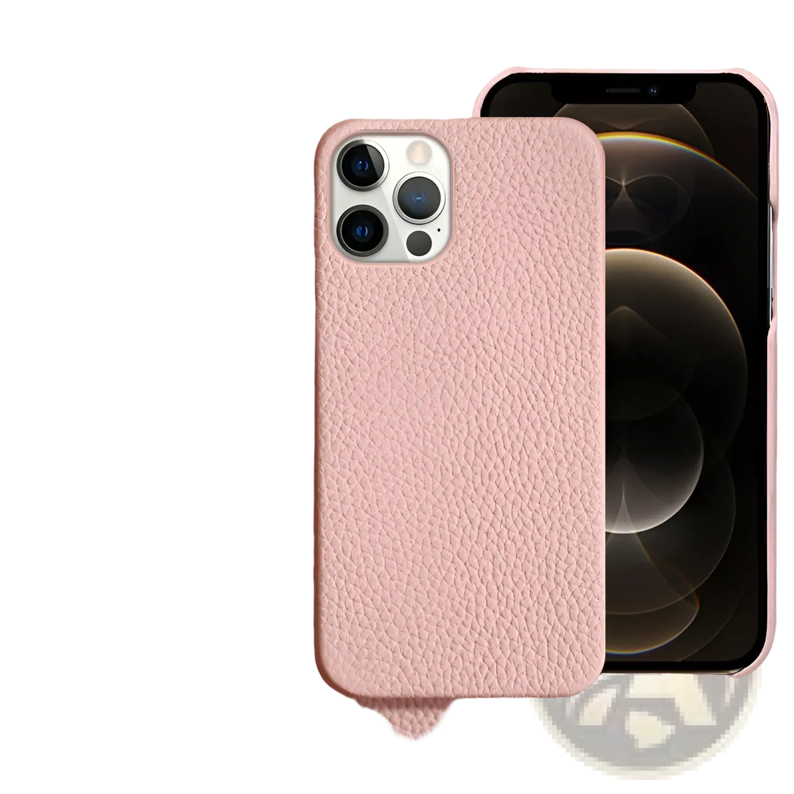 Pink textured genuine leather anti drop iphone case for 12 pro shown from the back side