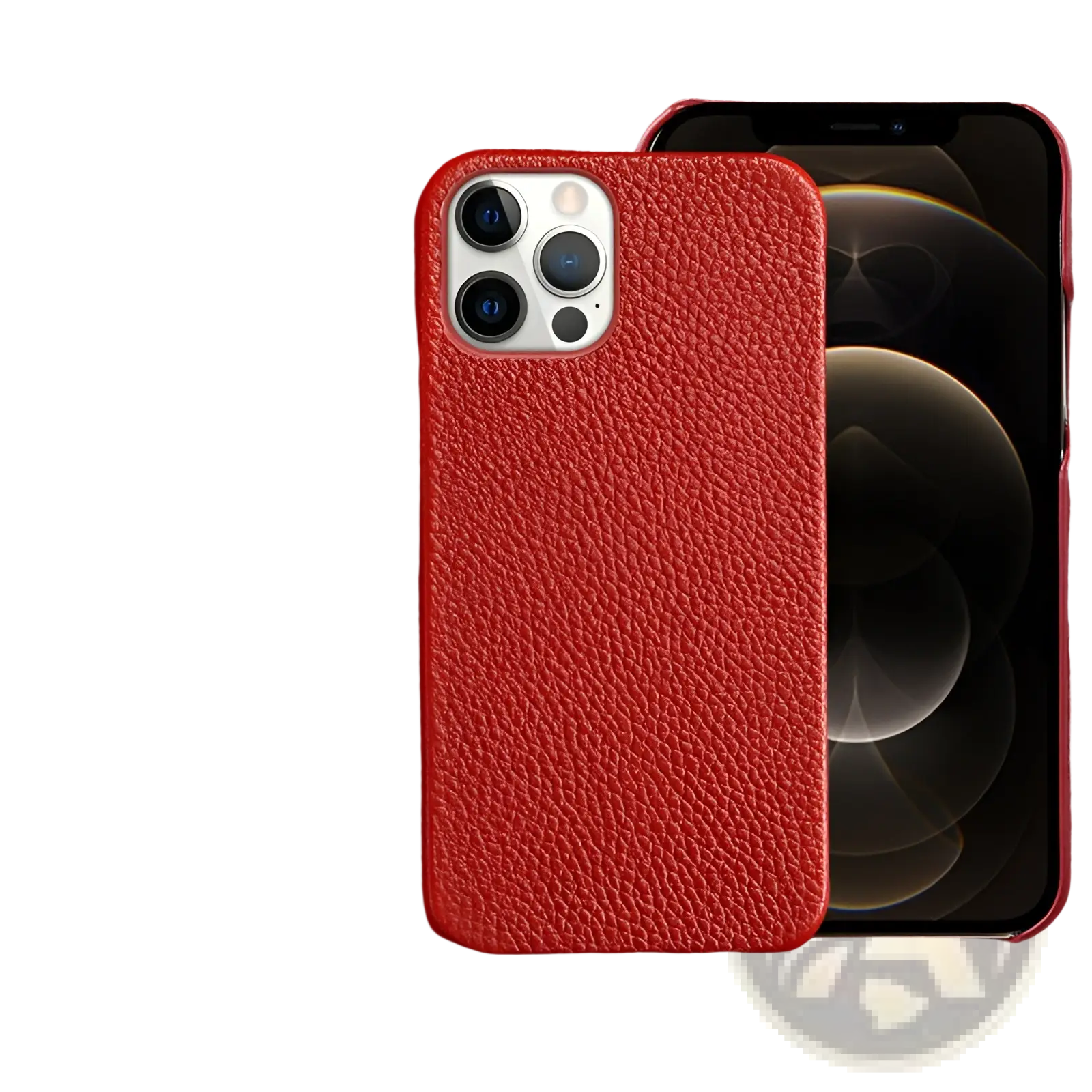 Red textured genuine leather anti drop phone case for iphone 12 pro shown from the back side