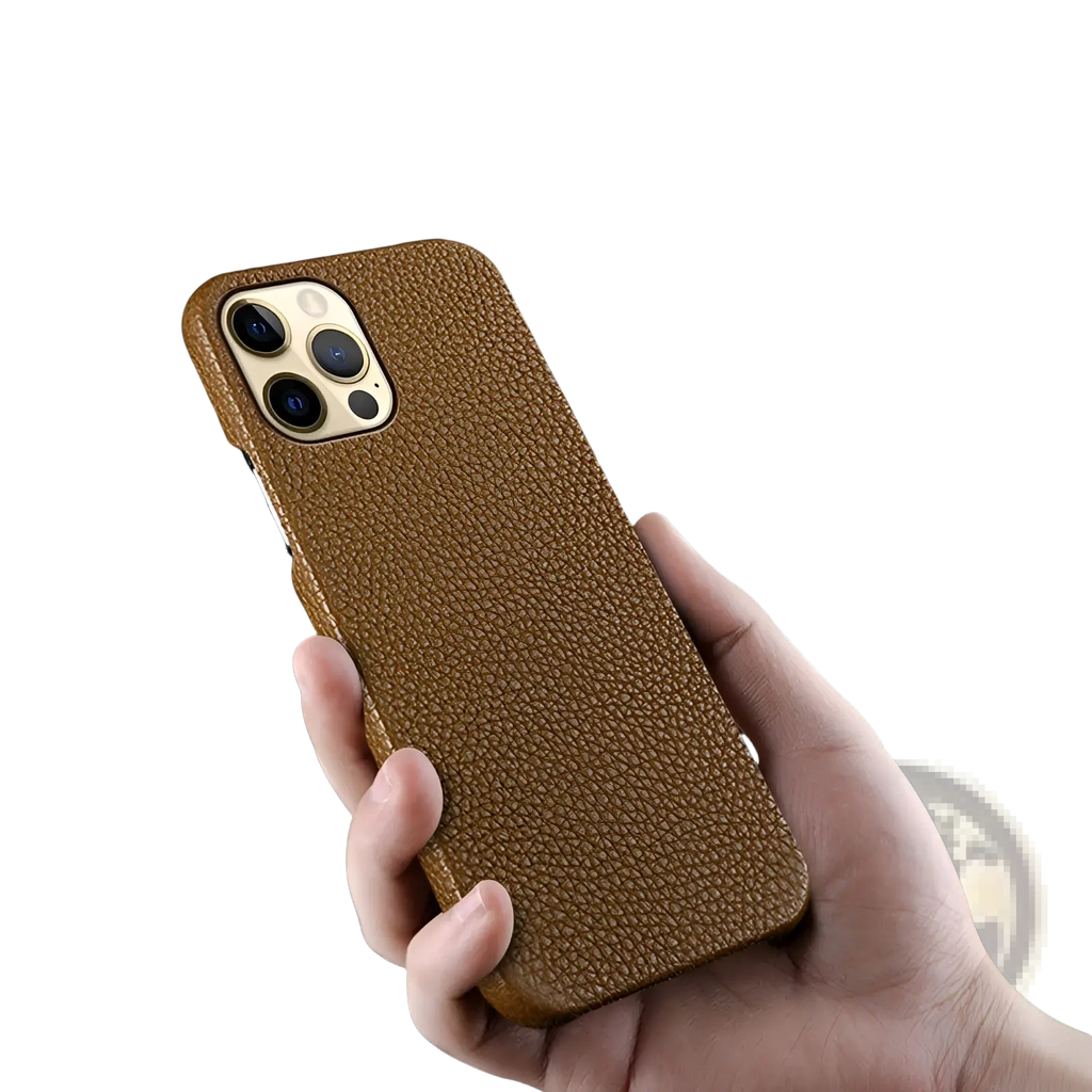 Brown textured genuine leather anti drop iphone case showing back side with gold camera module for iphone 12 13 14