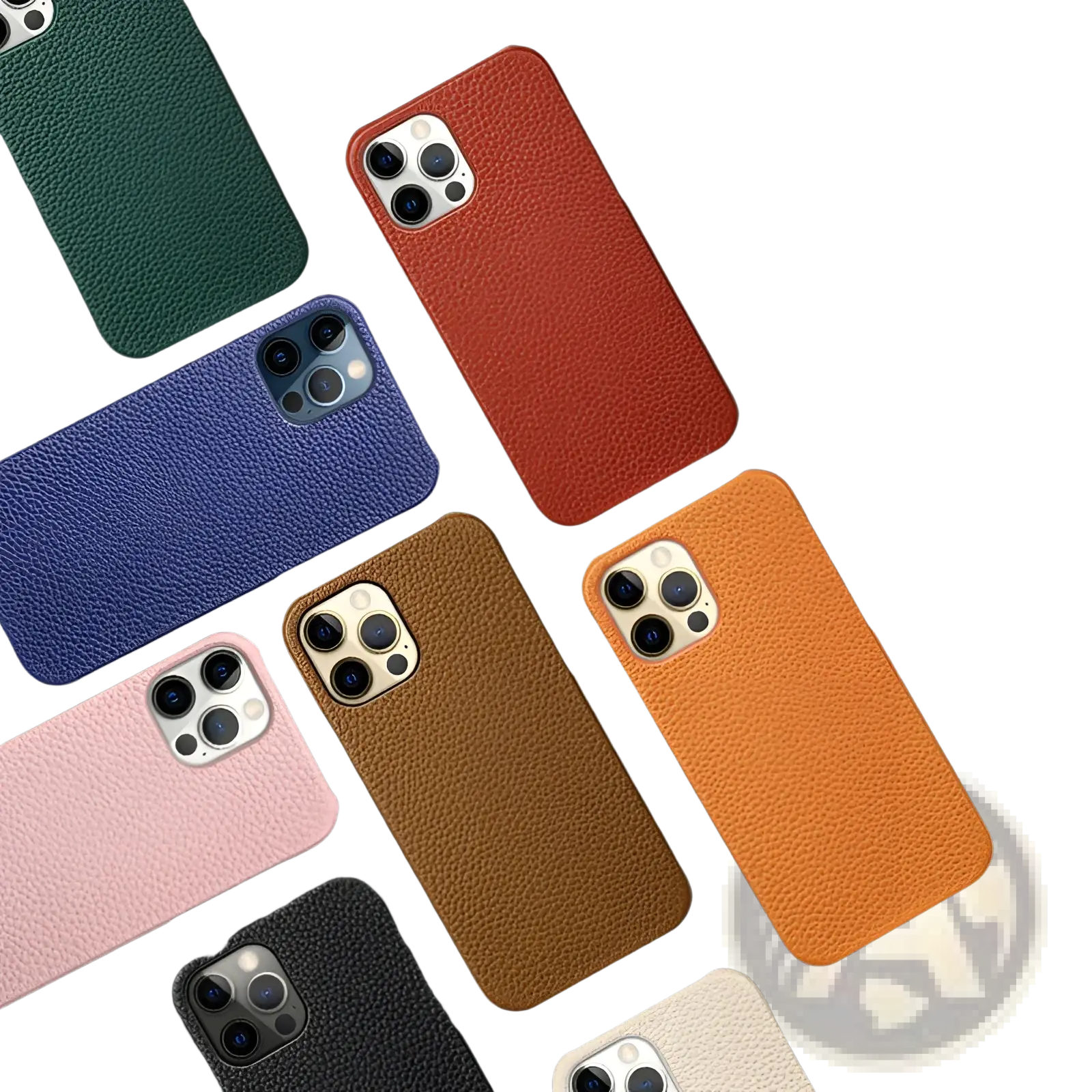 A collection of genuine leather anti drop iphone cases in green red blue pink brown orange black and cream colors shown from the back