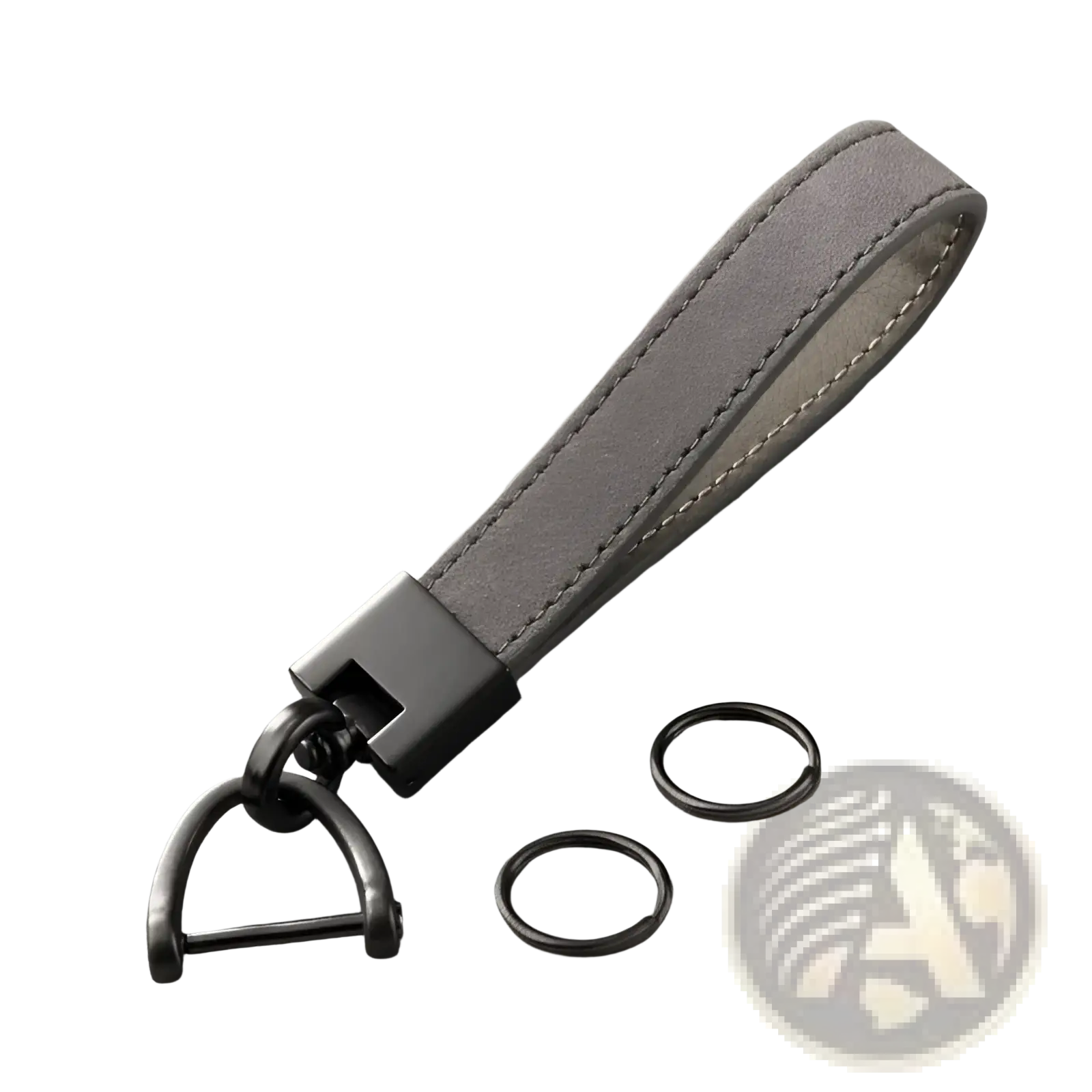 Genuine leather car keychain in gray suede with black metal hardware and d-ring attachment for keys