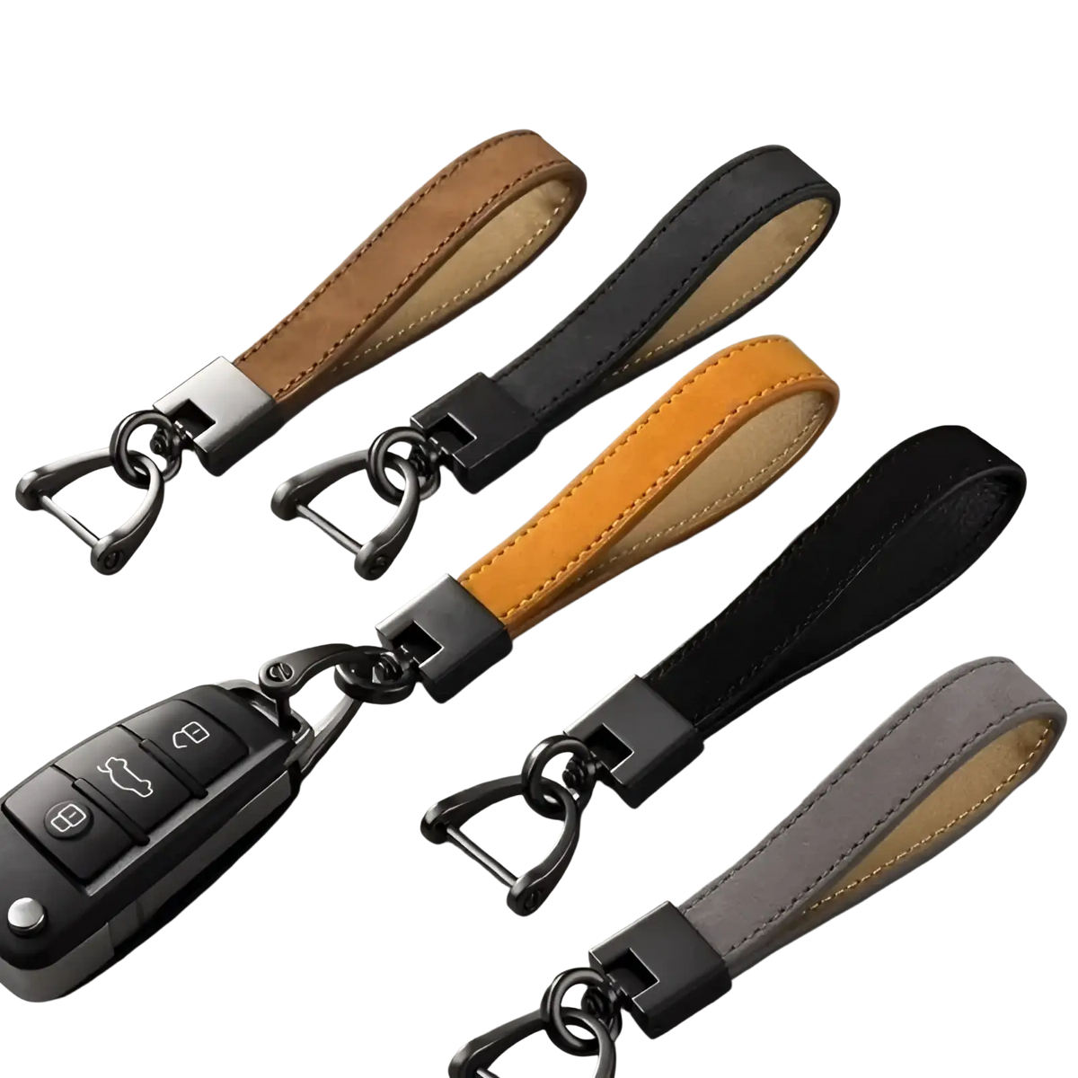 Genuine leather car keychain with matte black metal d-ring clasp and tan leather strap for sleek minimalist use
