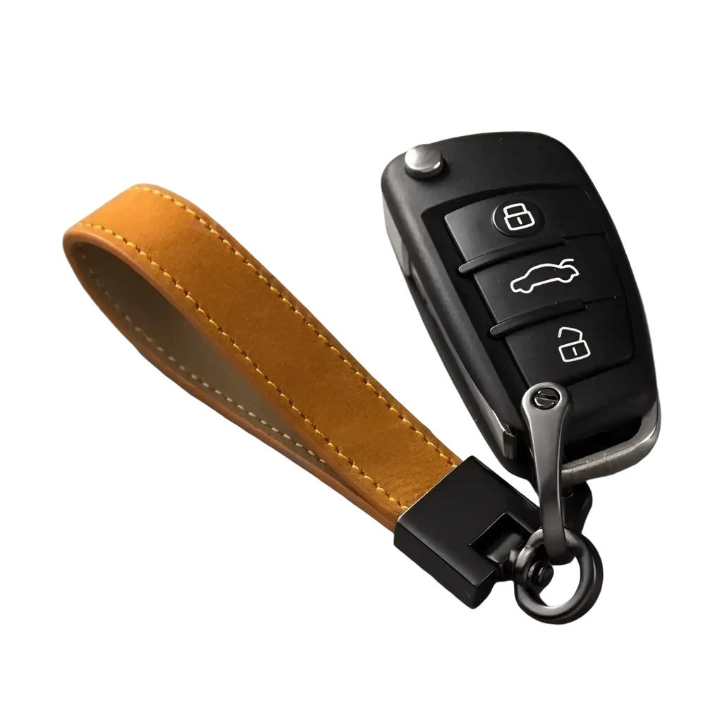 Genuine leather car keychain in tan with white stitching and black metal clasp attached to black car remote