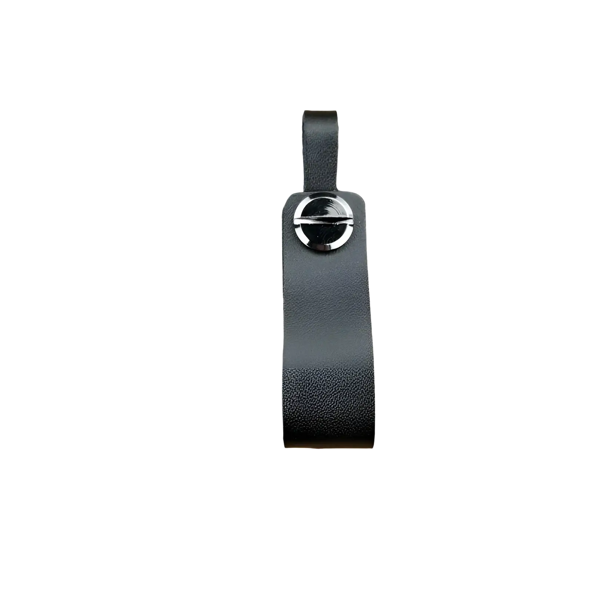 Black leather car keychain with sleek circular silver metal clasp and matching metal key ring set