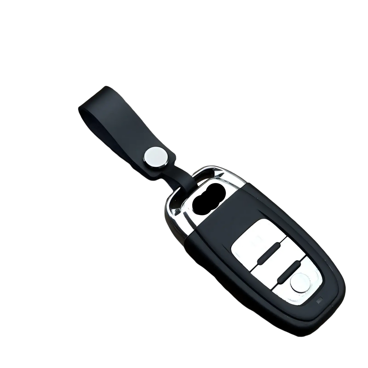 Genuine leather car keychain with black leather key fob silver trim and button panel metal key ring set