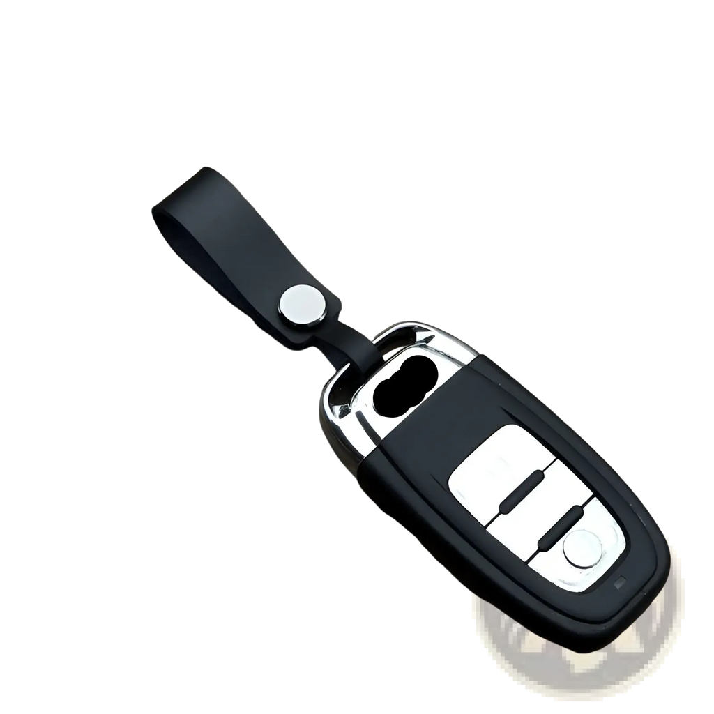 Genuine leather car keychain with black leather key fob silver trim and button panel metal key ring set