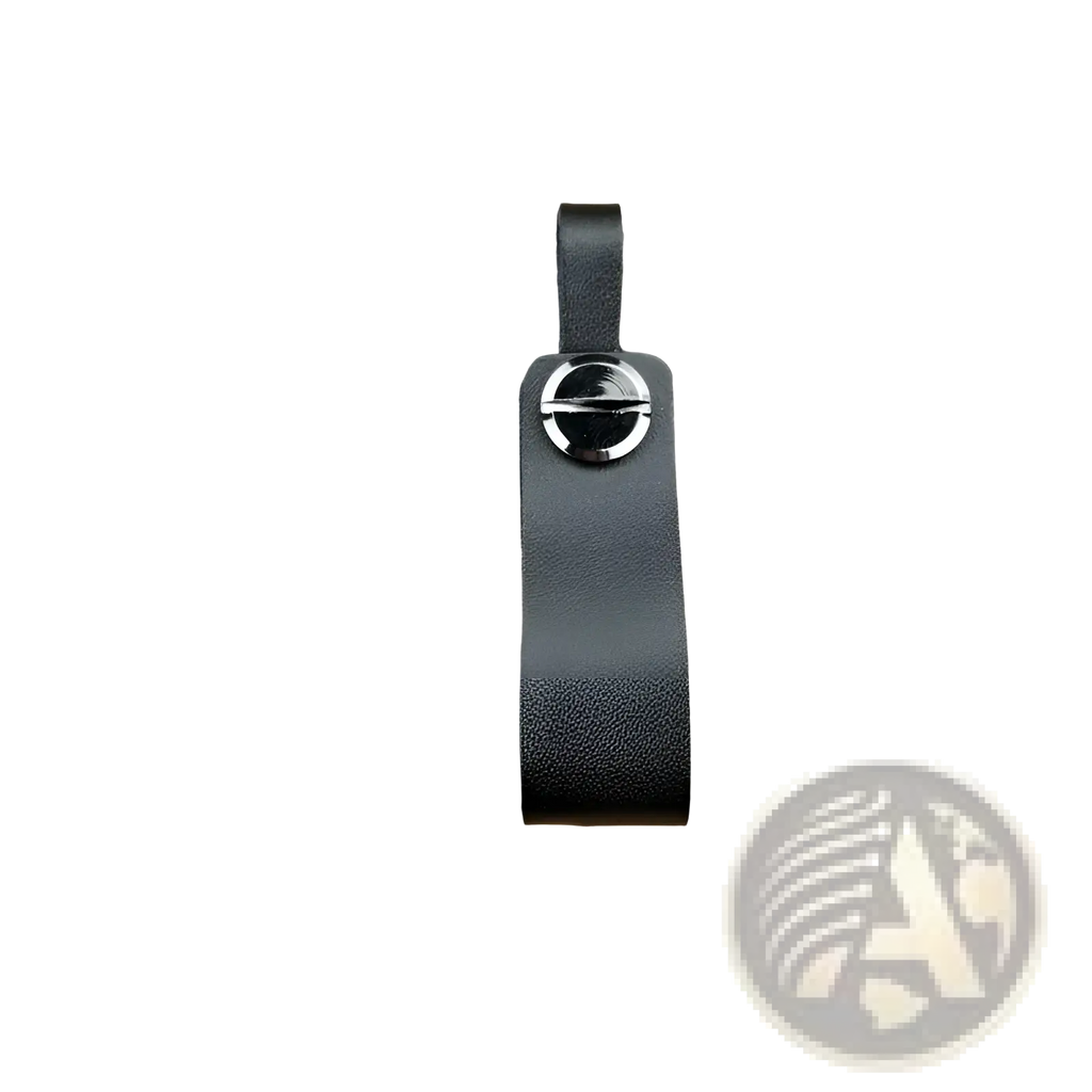 Black leather car keychain with sleek circular silver metal clasp and matching metal key ring set