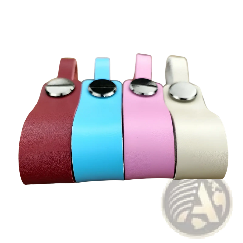 Genuine leather car keychain set with metal key rings in red blue pink and white featuring silver clasps