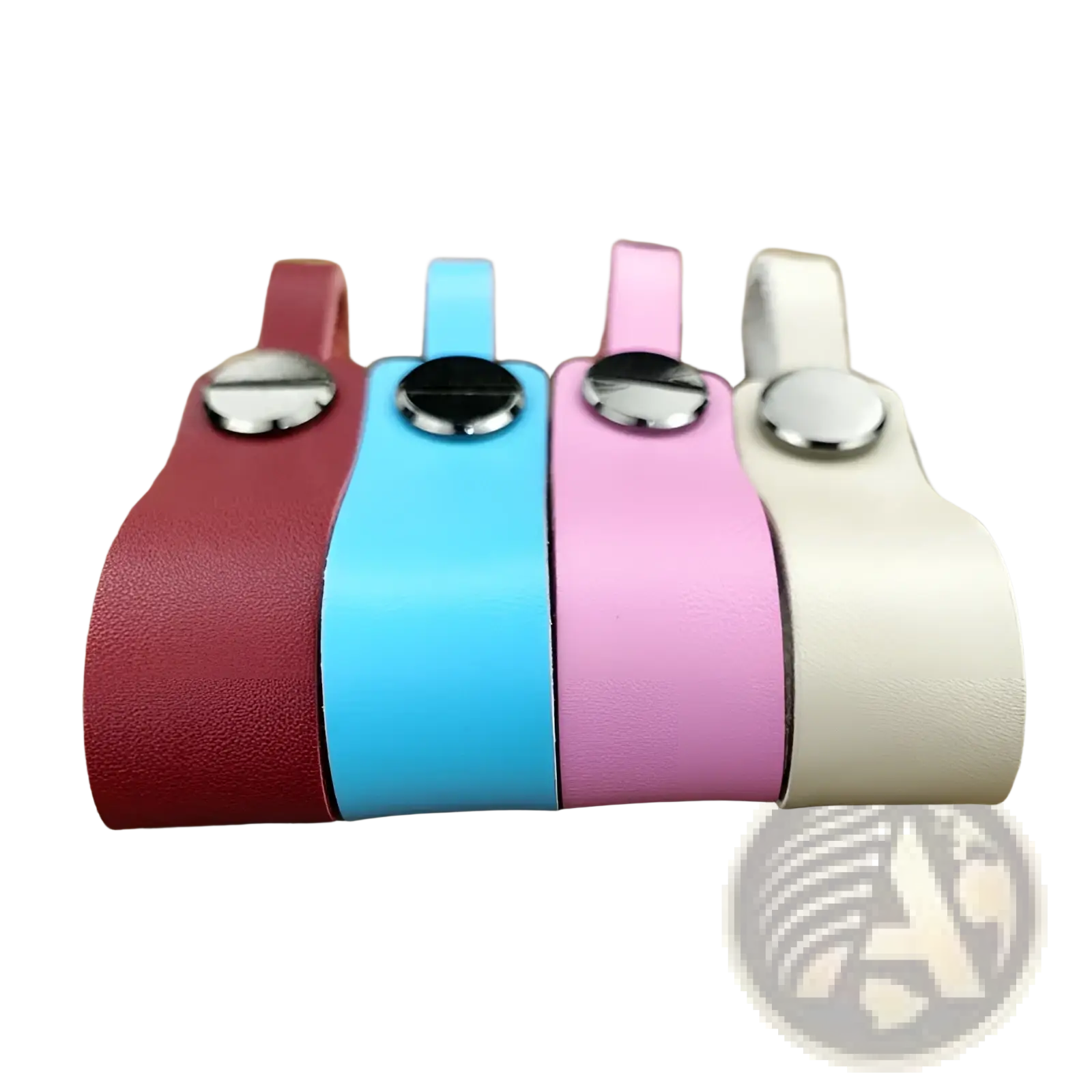 Genuine leather car keychain set with metal key rings in red blue pink and white featuring silver clasps