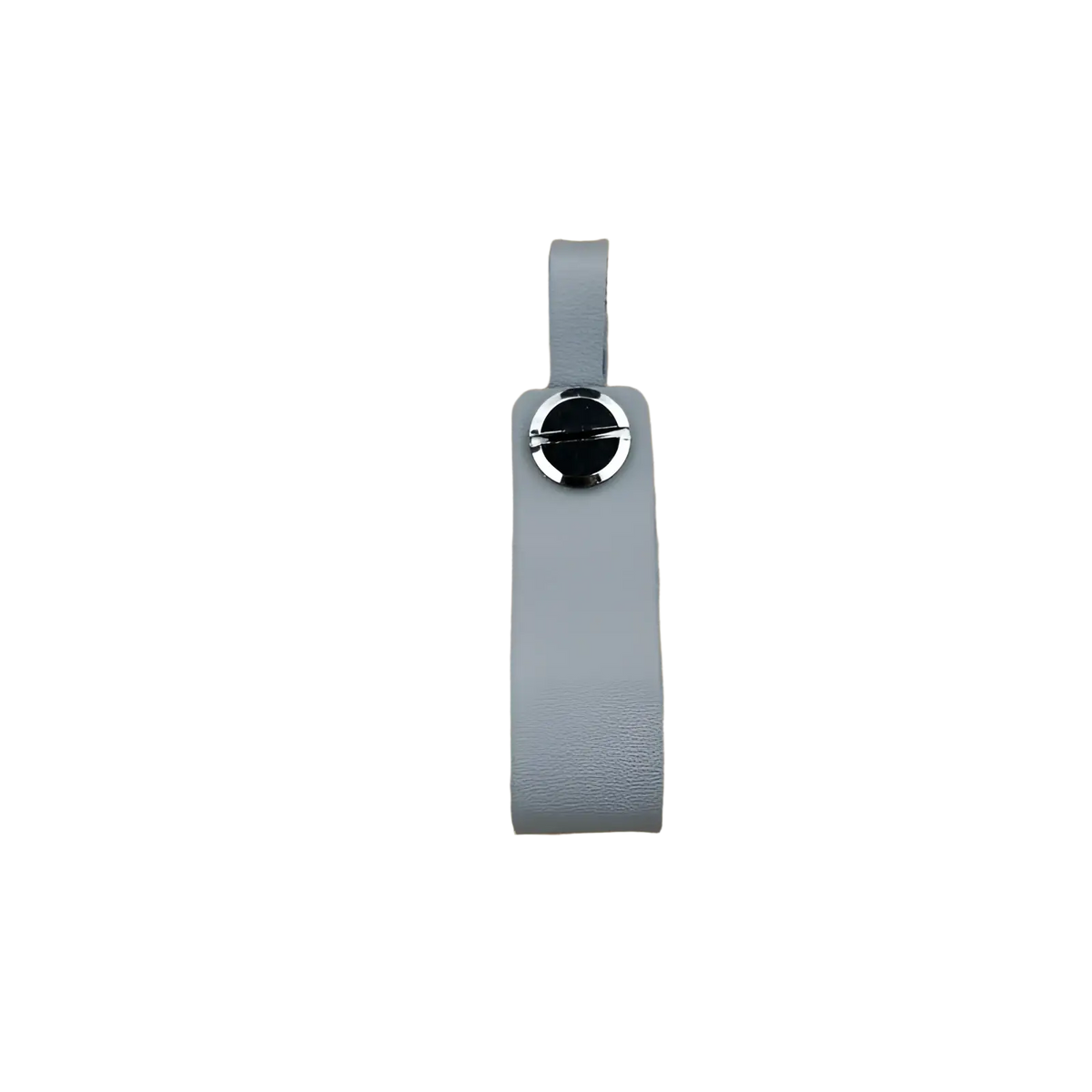 Gray leather car keychain with circular metal clasp and black center in genuine leather key ring set