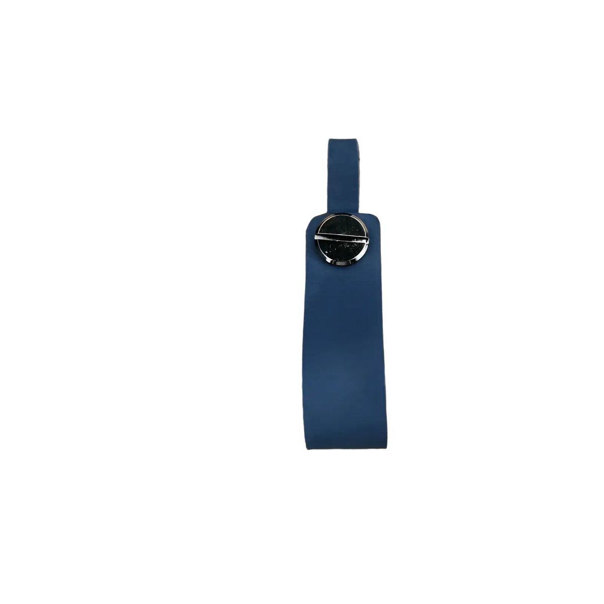 Genuine leather car keychain with navy blue leather strap and silver-toned circular metal clasp