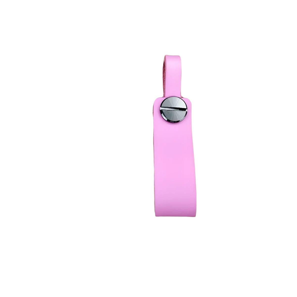 A sleek pink genuine leather car keychain with a silver-toned metal screw cap and key ring set